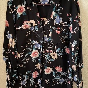 Candies Floral Button-Front Black Blouse with Pink & Blue Blooms